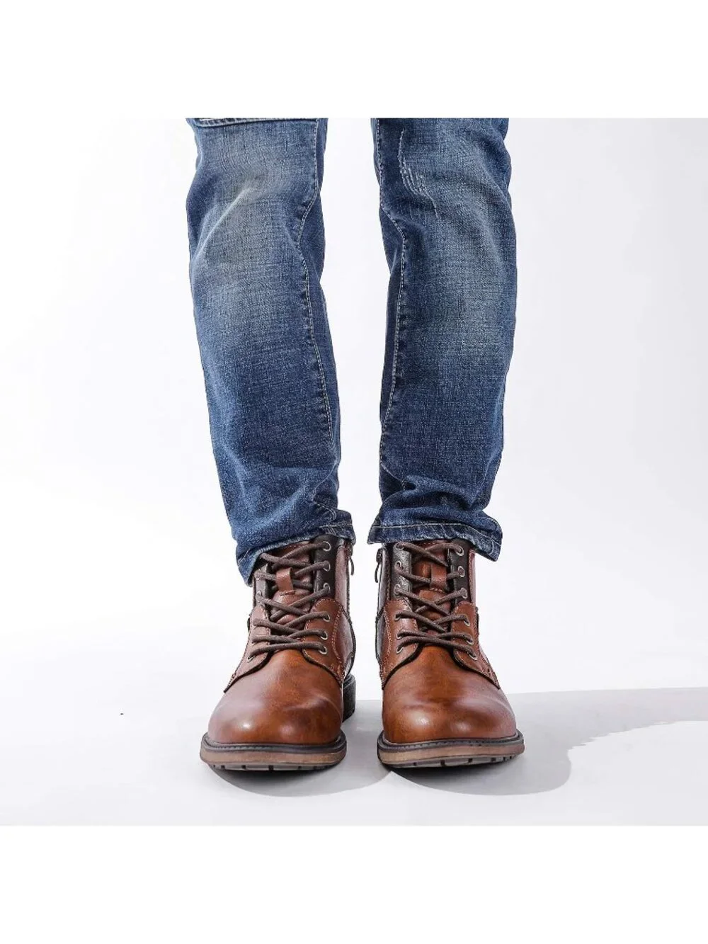 Men's Brown 1 Oxford Boots Buckle Casual Men Boots Lace-Up Side Zipper
